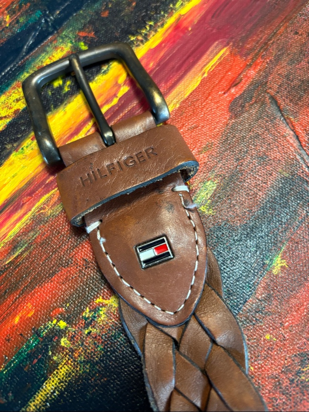 Tommy Hilfiger Brown Braided Leather Men's Belt with Flag Accent